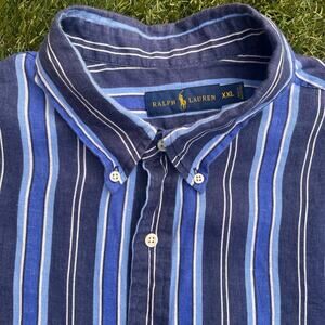 Ralph Lauren 100% Linen Blue Striped Button Down Long Sleeve Collared Shirt XXL